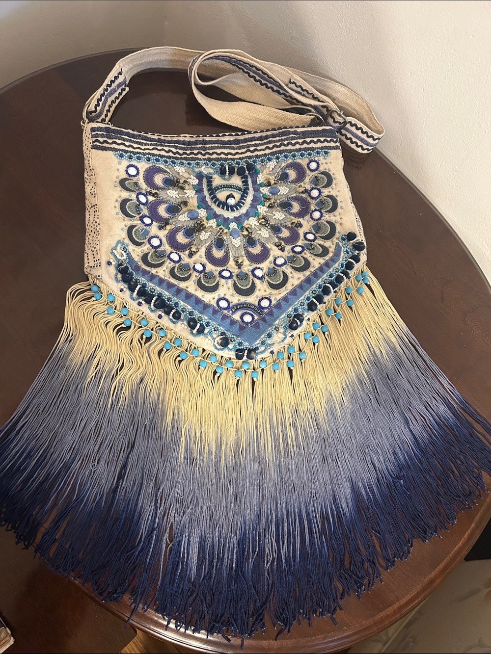 Labellum Hillary Scott Beaded Fringe Ombré Blue  EmbroideredCrossbody Boho
